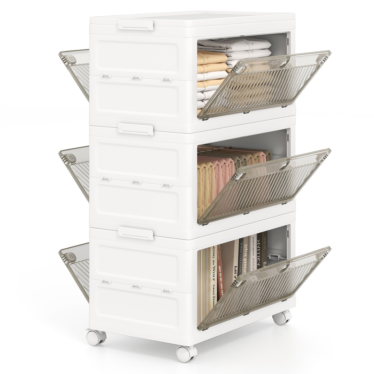 White-Brown PP HIPS Folding 3-Tier Stackable Storage Bins with Wheels
